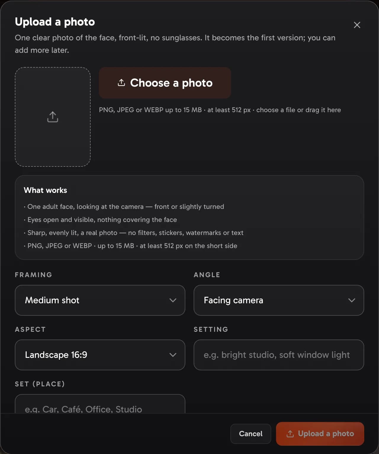 Upload a photo as a new look: the photo is checked as soon as it is chosen, then framing, angle, setting and set