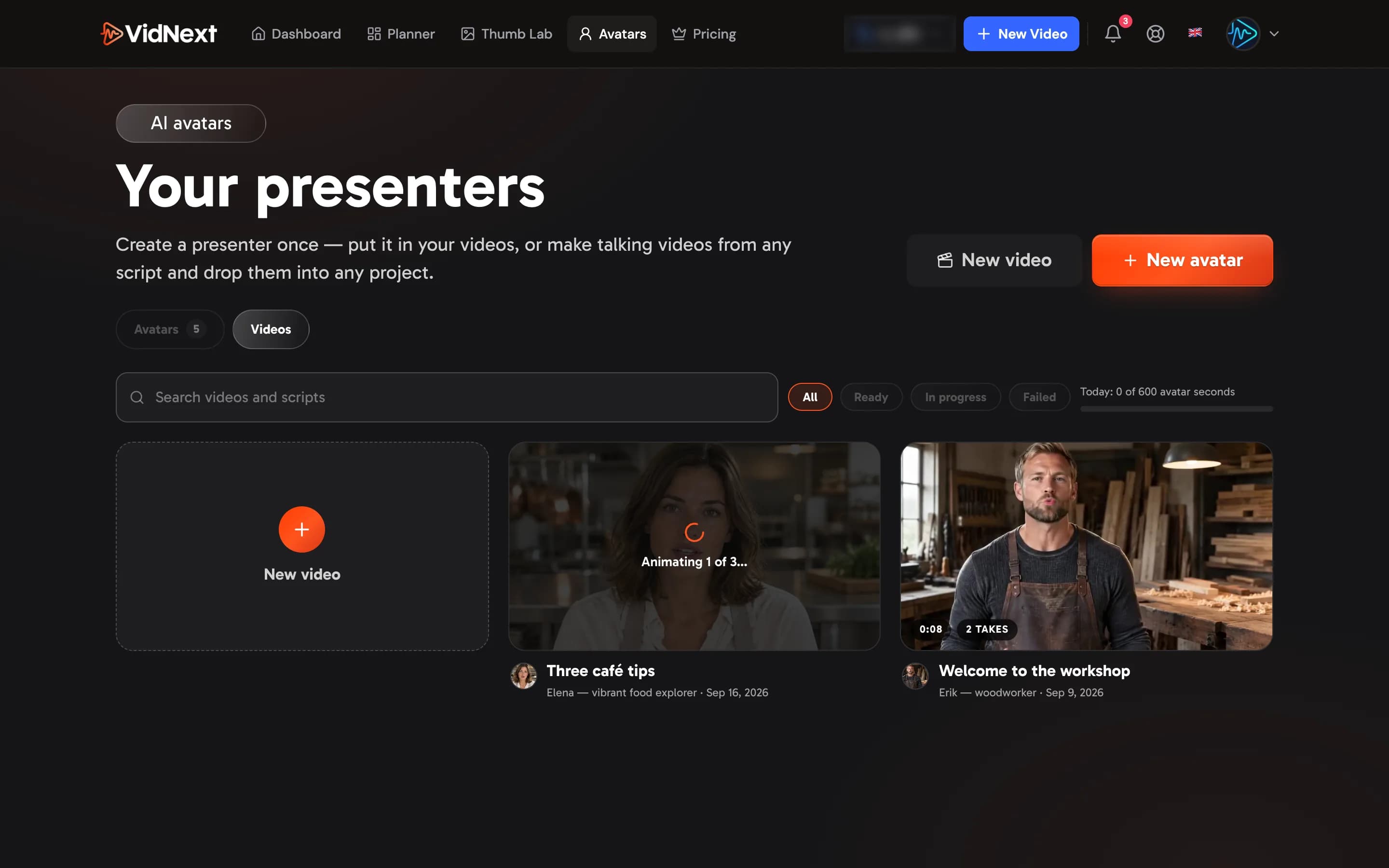 The Videos tab: every avatar video with its latest take (a take still being made shows its progress), search, status filters and today's avatar seconds