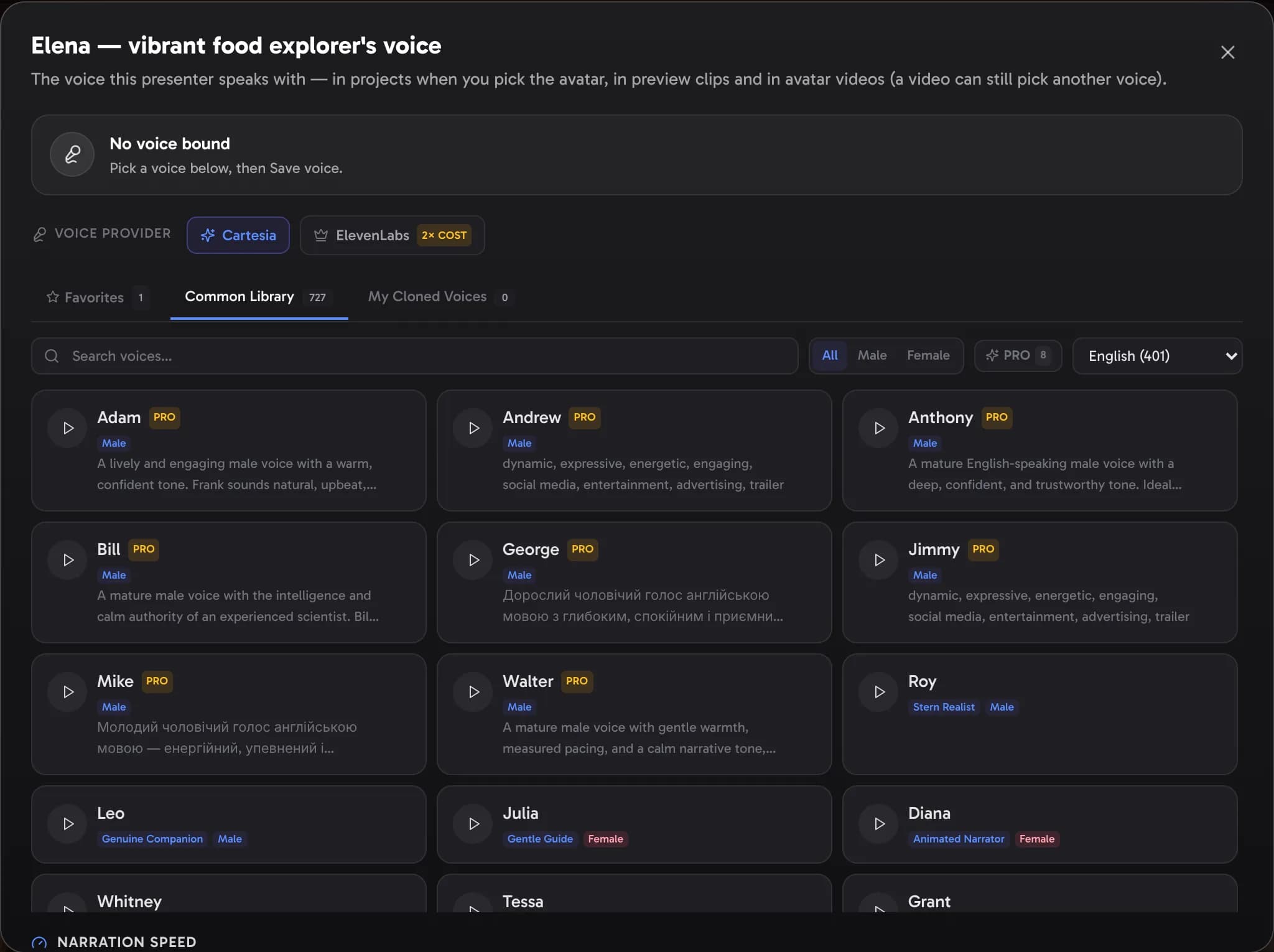 The avatar's voice window: the voice it speaks with now, then the create page's voice picker — pick a voice and its settings, Save voice