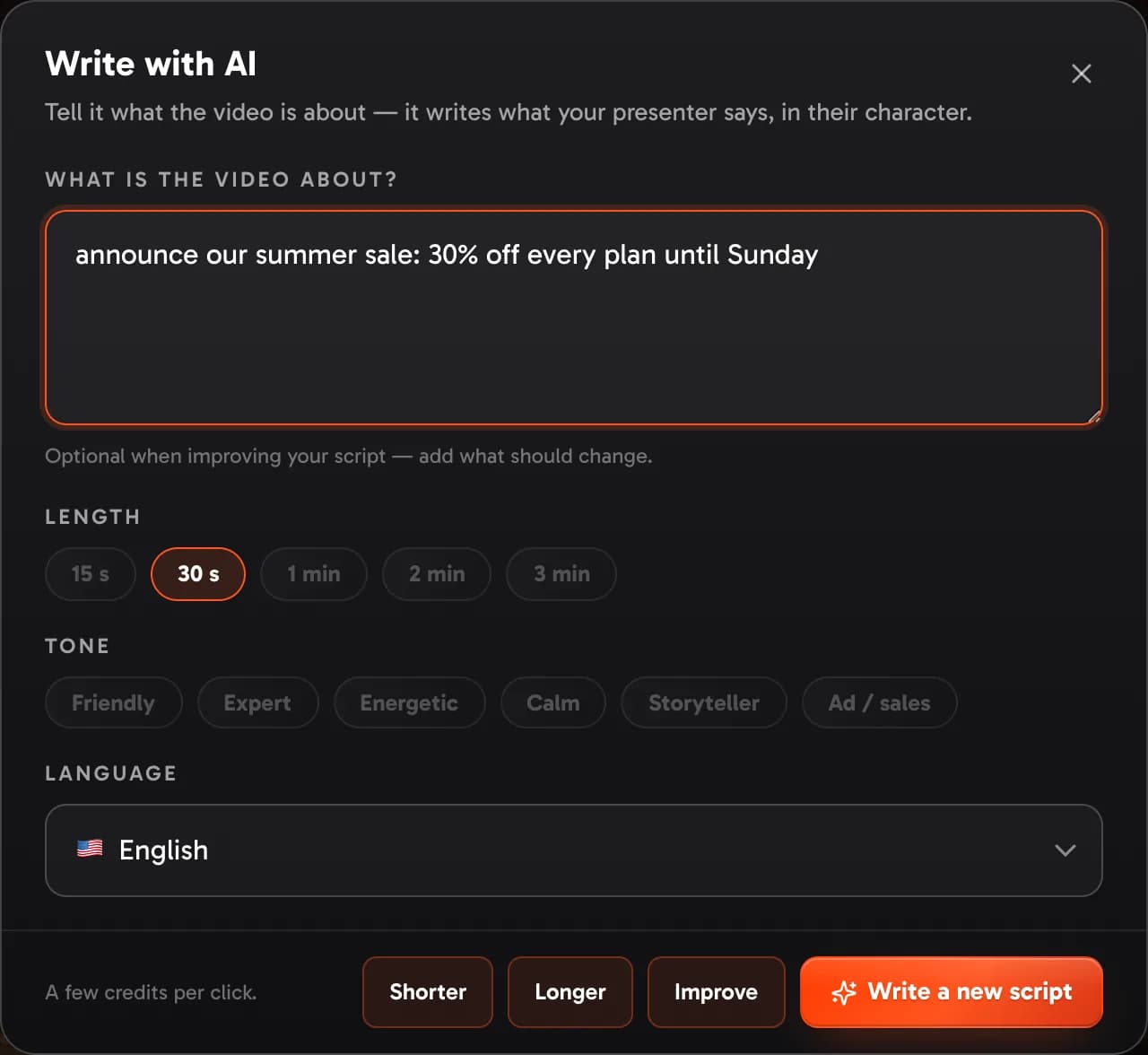 Write with AI: what the video is about, the length, the tone and the language — it writes what the presenter says