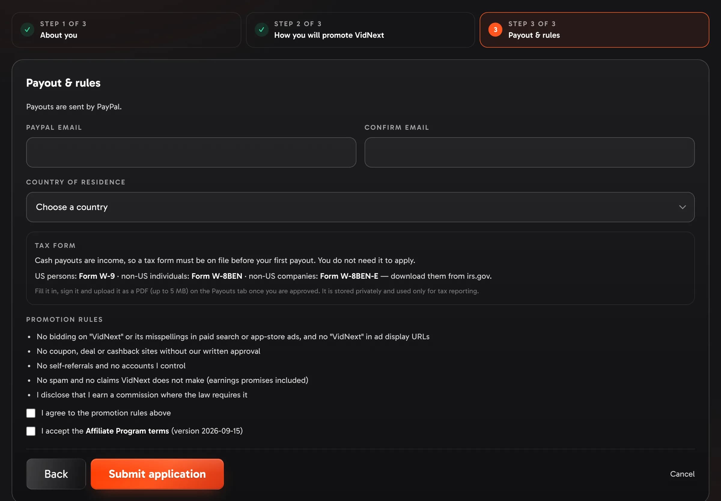Step 3 of the application: payout method, emails, country, the tax form box and the two checkboxes