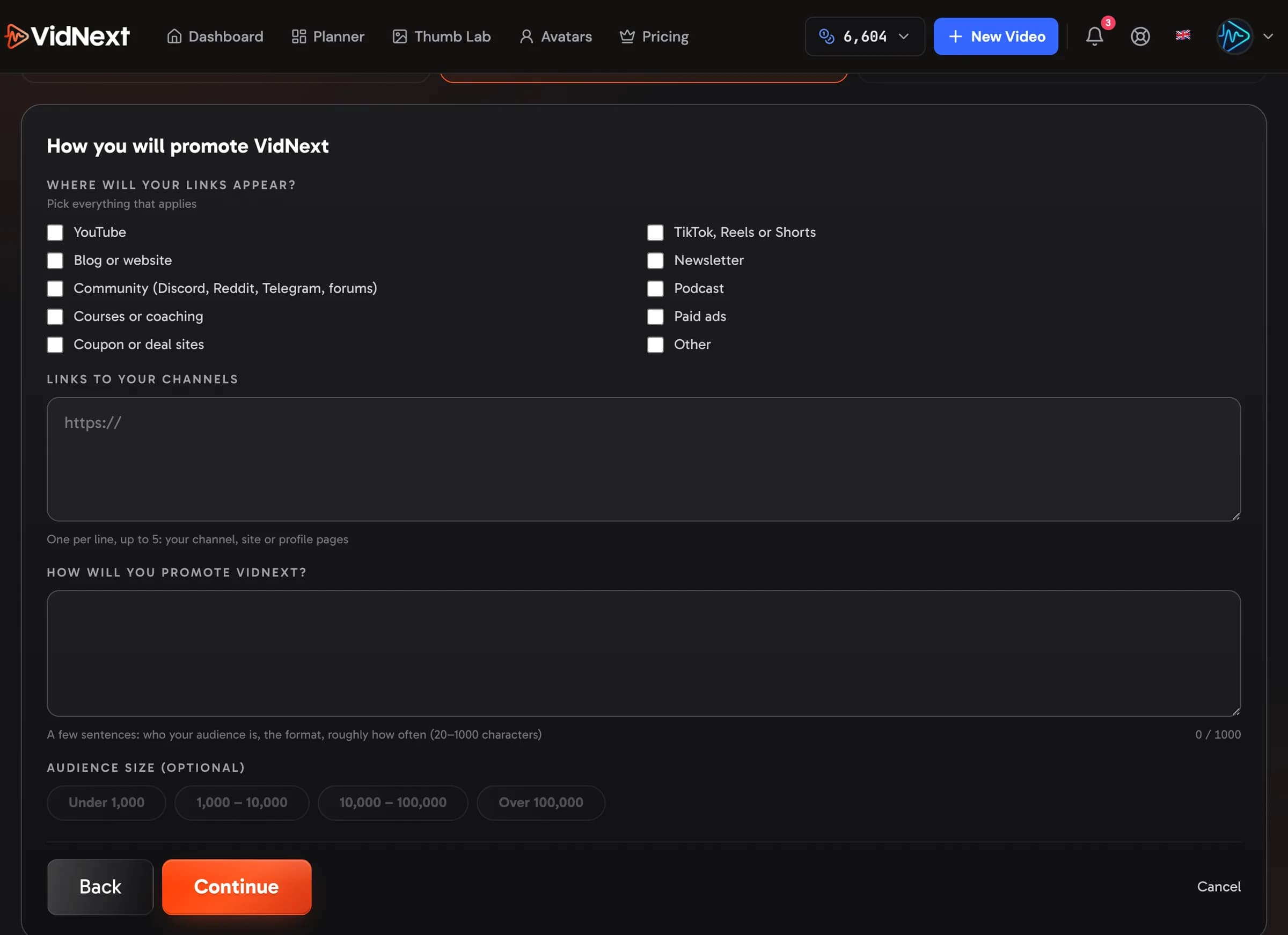 Step 2 of the application: where your links will appear, the links themselves and your plan