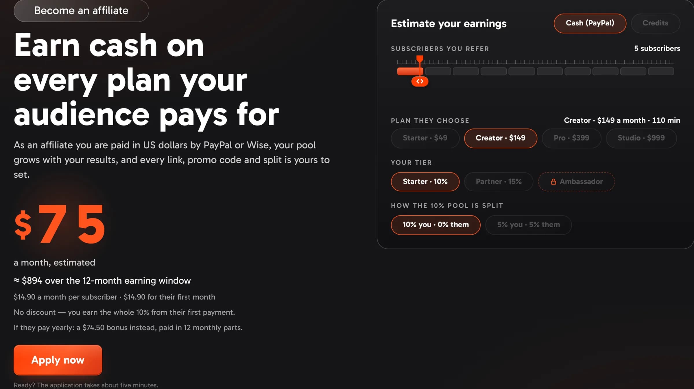 The earnings calculator for plans: subscribers, the plan they choose, tier and split in; the monthly estimate, the 12-month window and the yearly bonus out