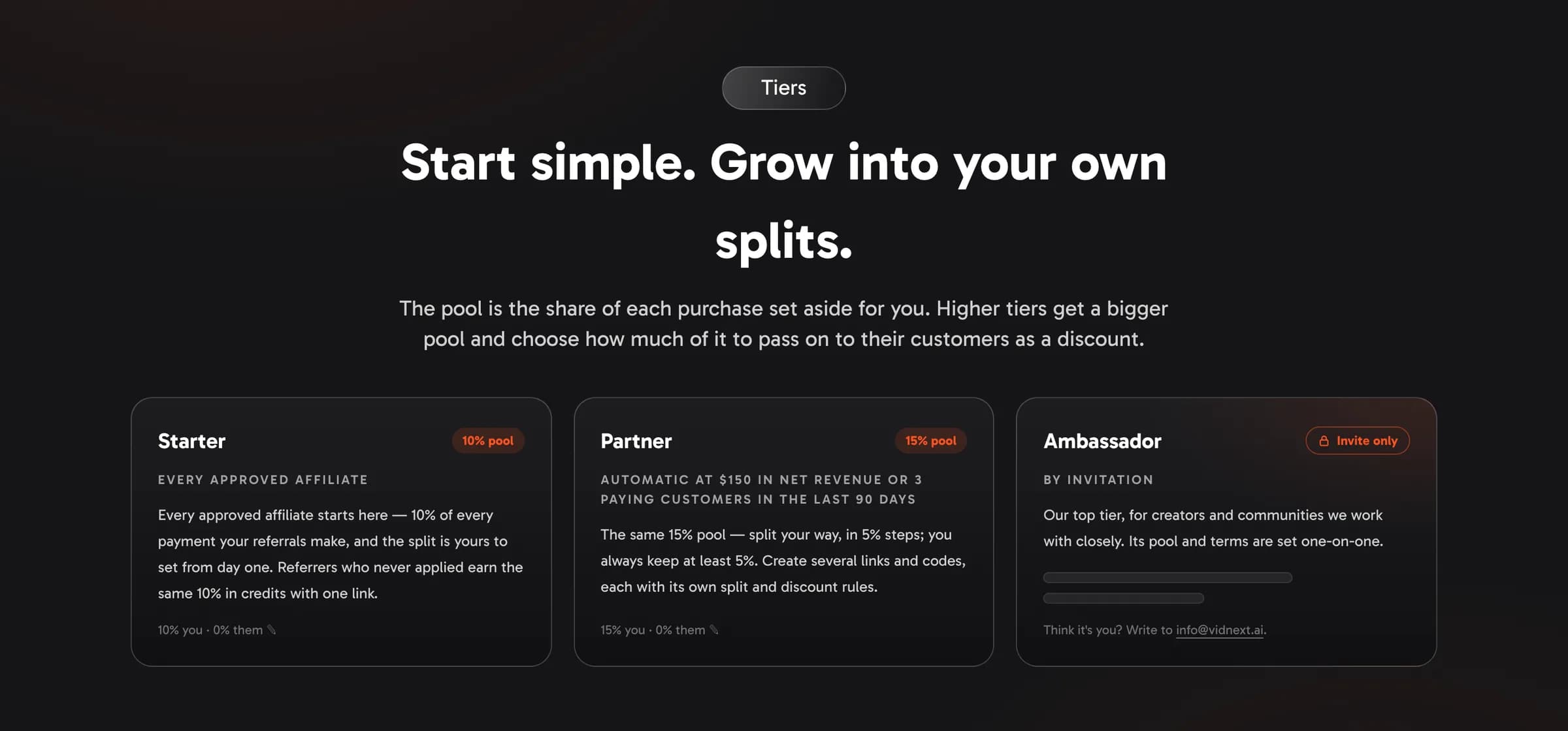 The three tiers under the plans calculator: Starter 10%, Partner 15%, Ambassador by invitation