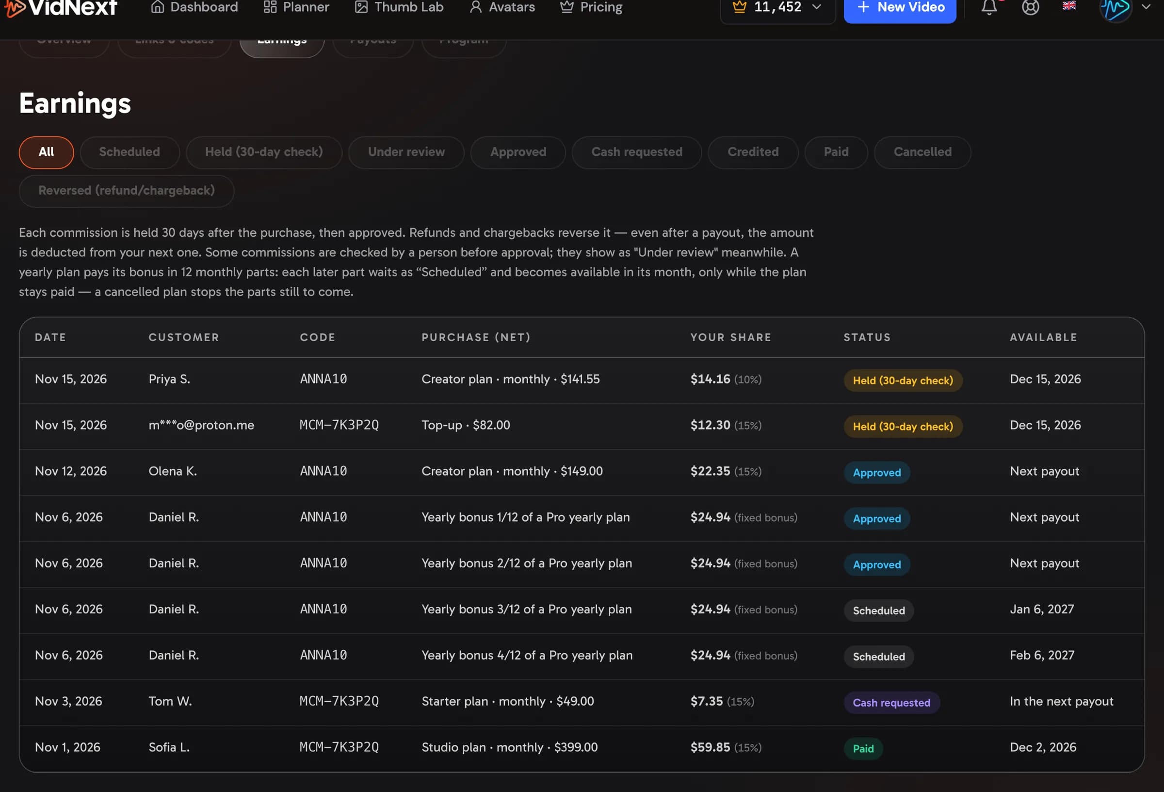 The Earnings tab after the plans release: plan payments and top-ups, and a yearly plan's bonus in monthly parts