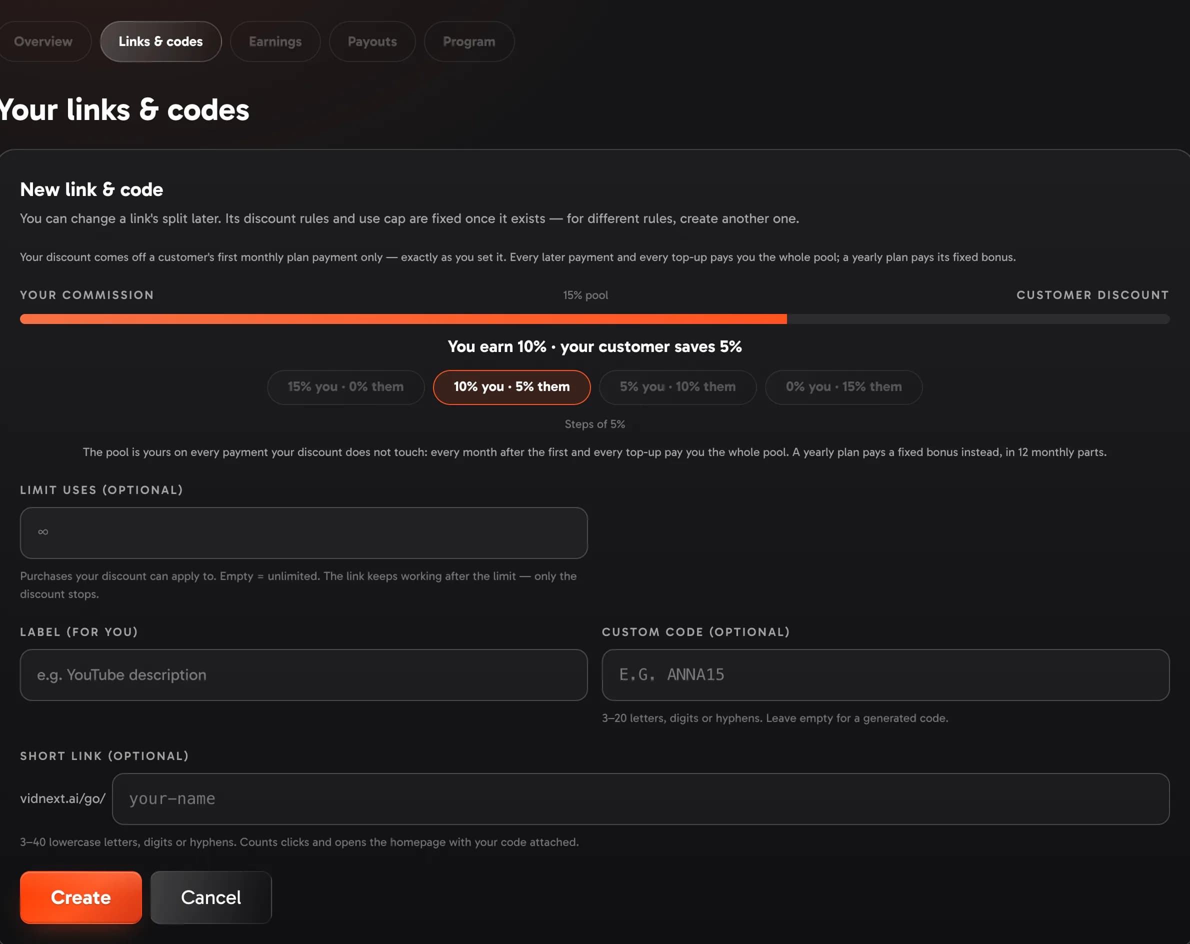 Creating a link & code after the plans release: the split chips of your pool and the first-month discount rule