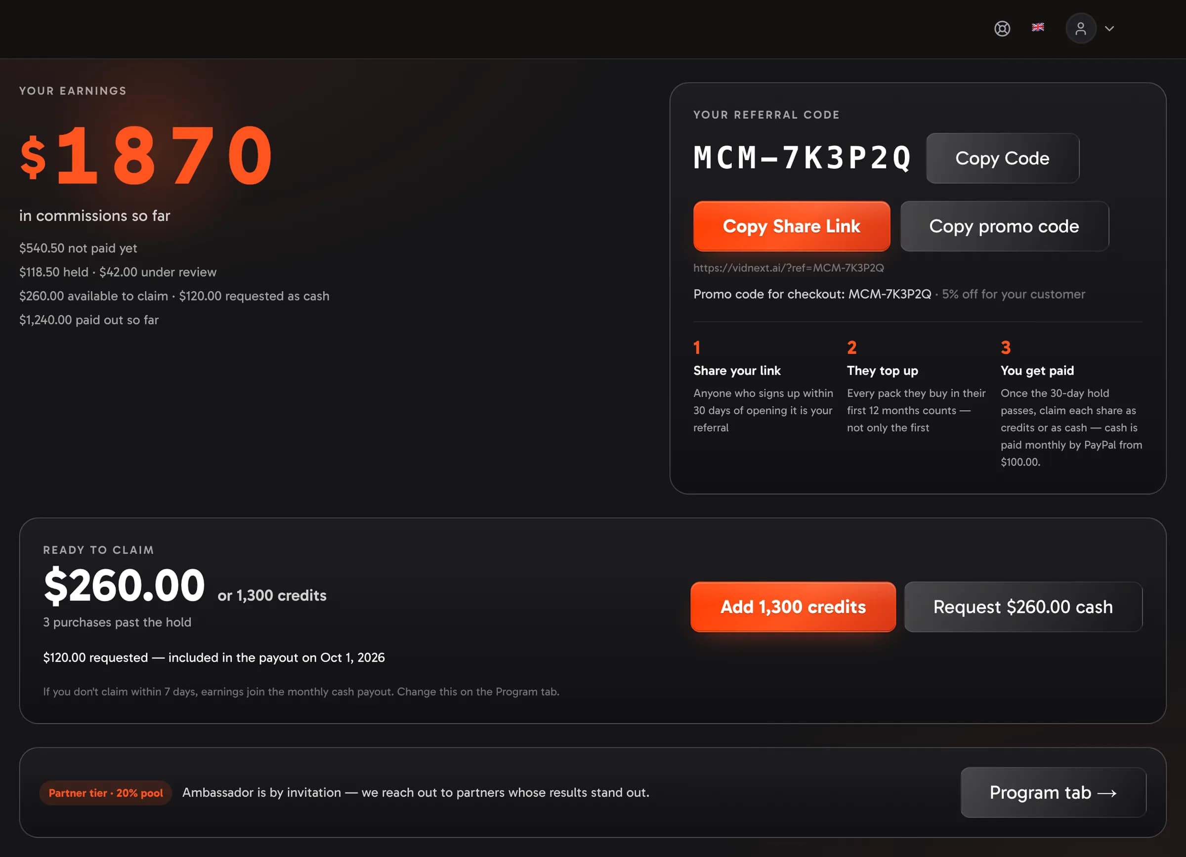 The affiliate hub's Overview tab: earnings so far, the default link, Ready to claim and the tier strip