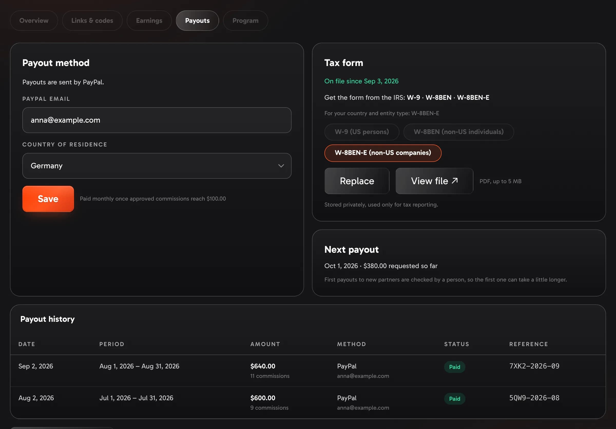 The Payouts tab: payout method, tax form and history
