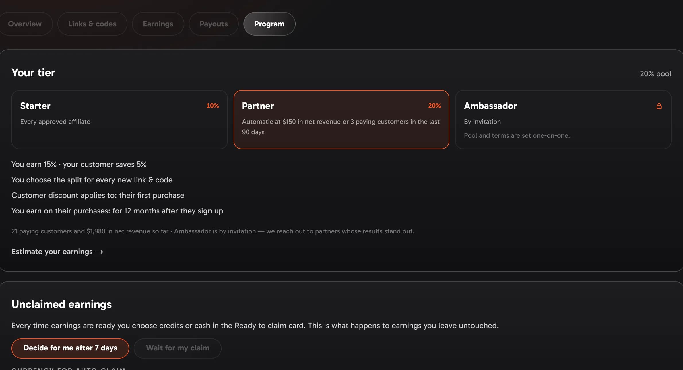 The Program tab: your tier, progress to the next one and the Unclaimed earnings setting