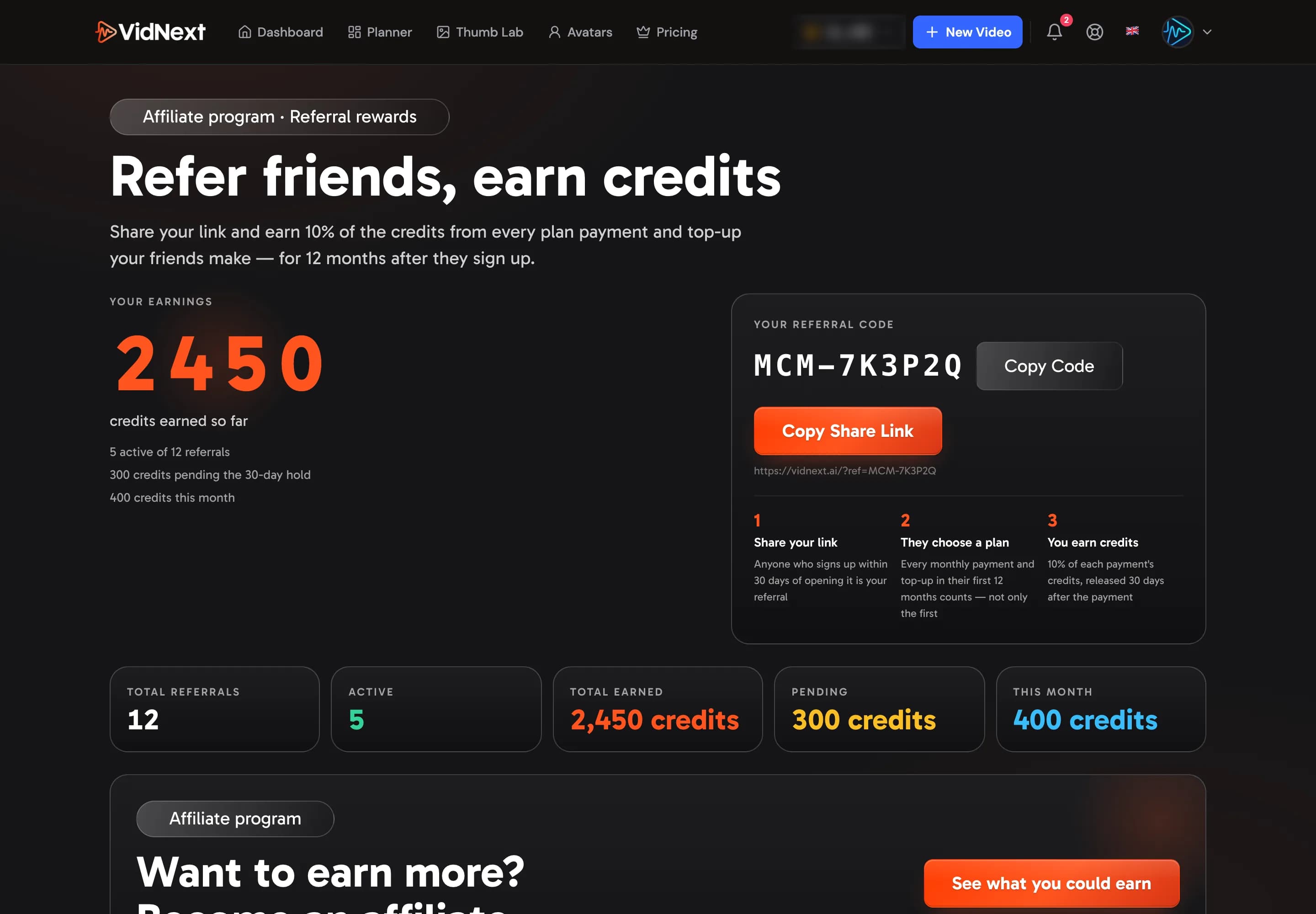 The referral page after the plans release: your code and share link, the numbers, and the Become an affiliate card for plans