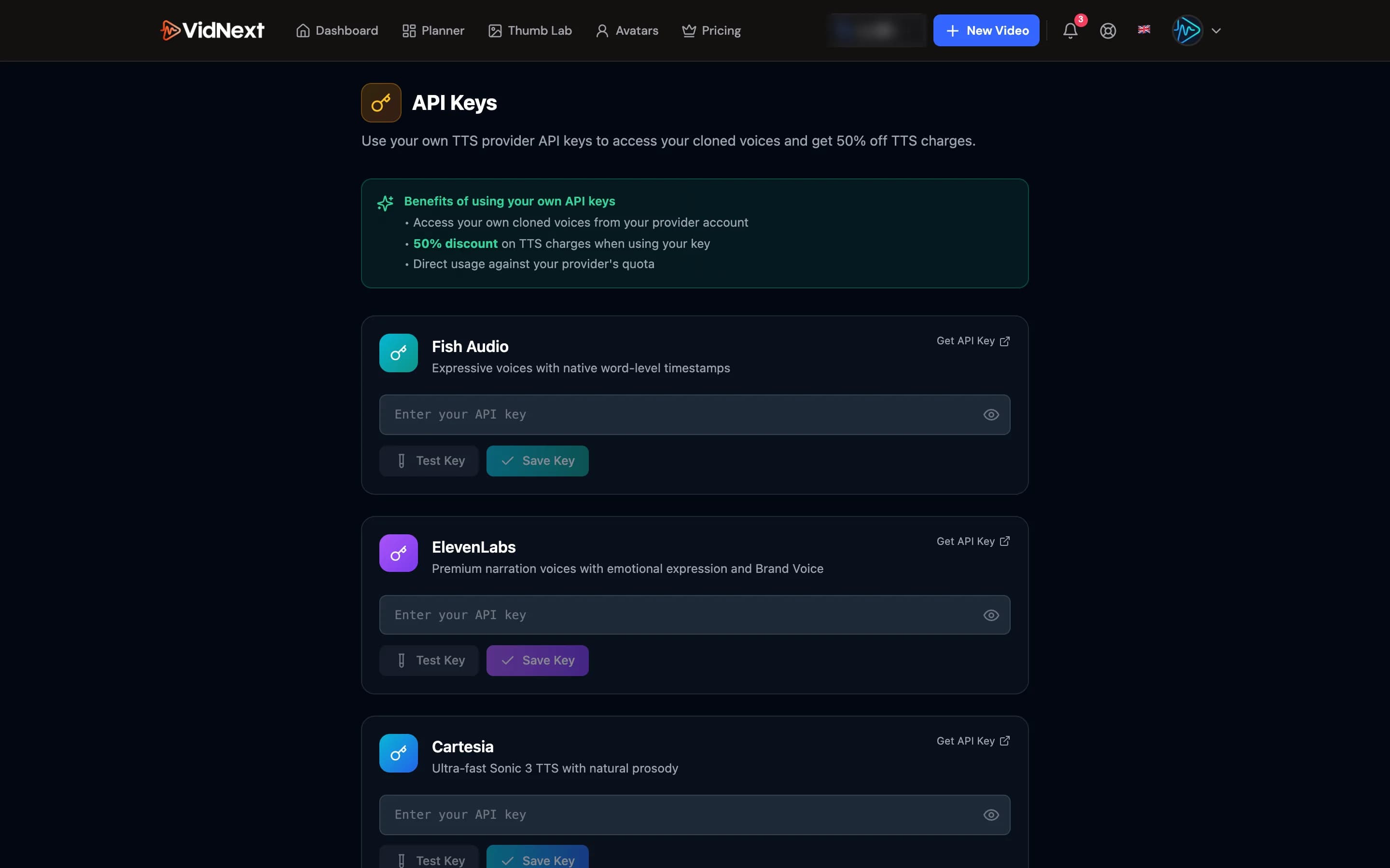 The API Keys settings with Fish Audio, ElevenLabs, and Cartesia slots
