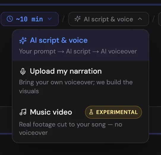 The three audio modes: AI script & voice, Upload my narration, Music video