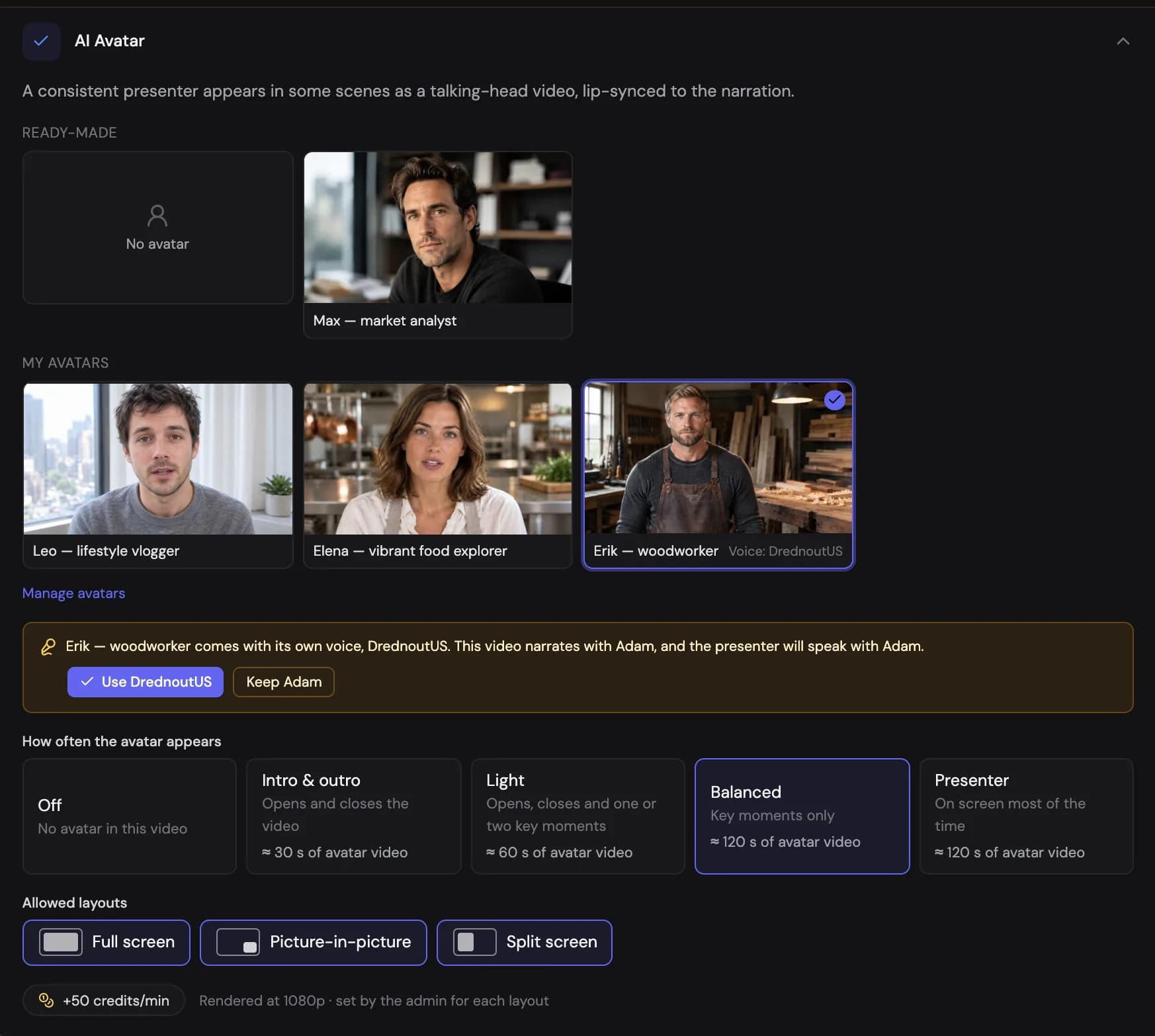 The AI Avatar card for a video billed per minute: ready-made and your own presenters, then presence, layouts and what the avatar adds per minute