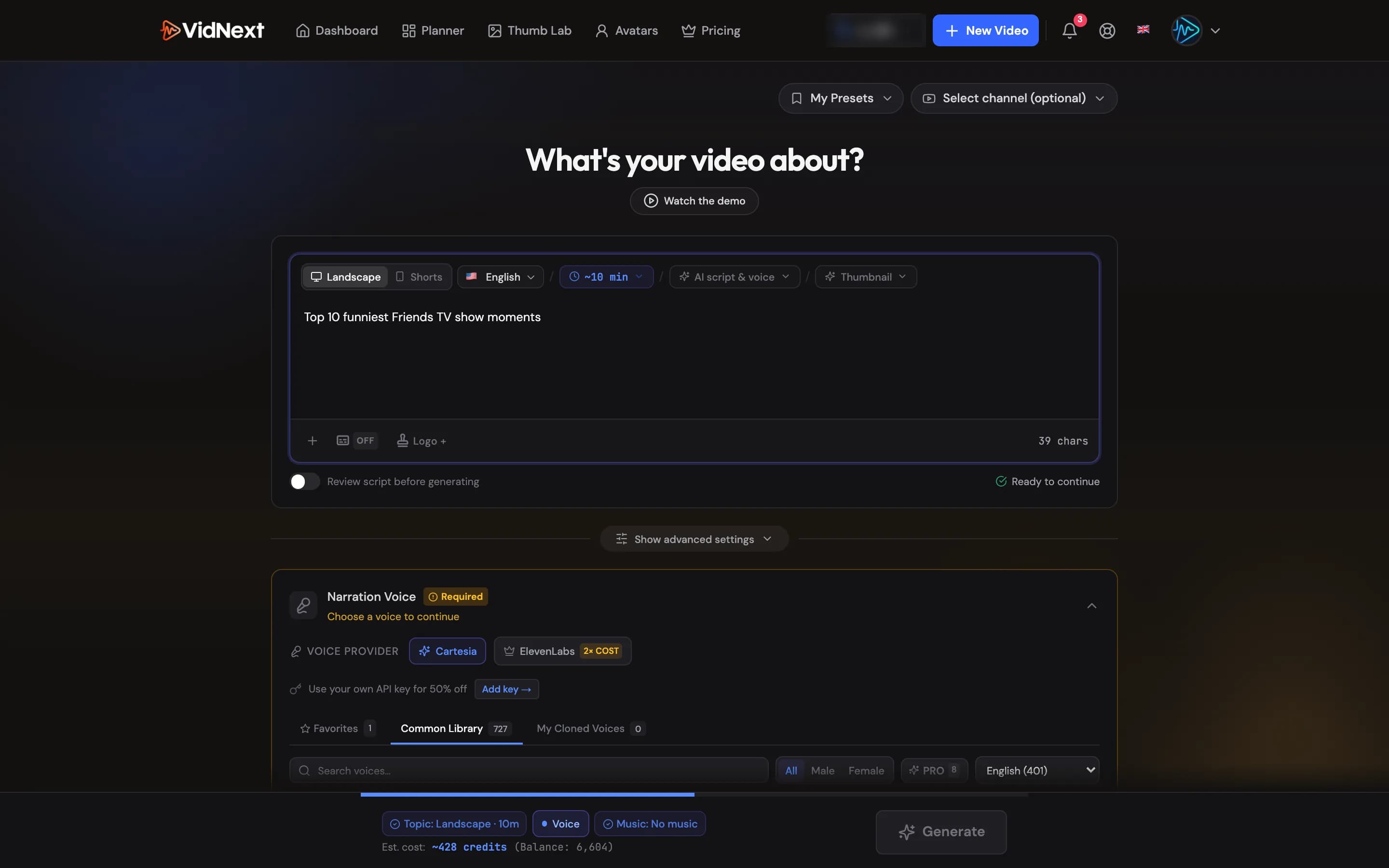 The create page: prompt box, format and duration toolbar, audio modes