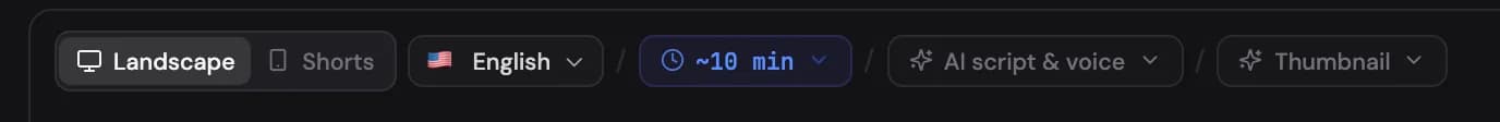 The toolbar above the prompt: format, language, duration, narration source and thumbnail pills