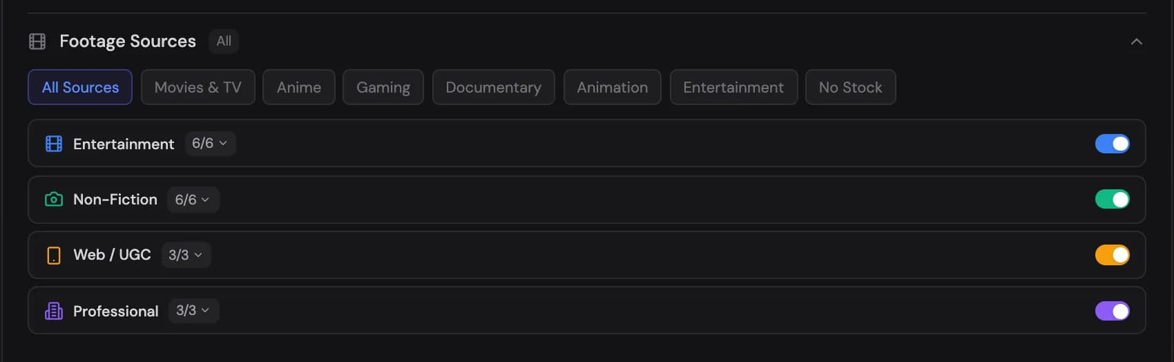 Footage sources: category groups with one-click presets