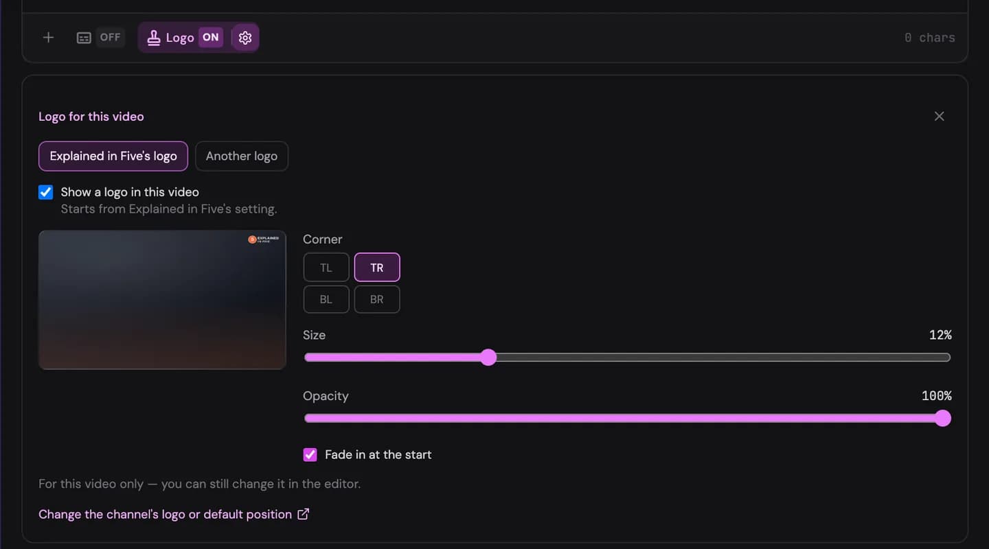 The Logo pill in the prompt box with its panel open: the switch, a preview in the current format and the link to the channel's Branding