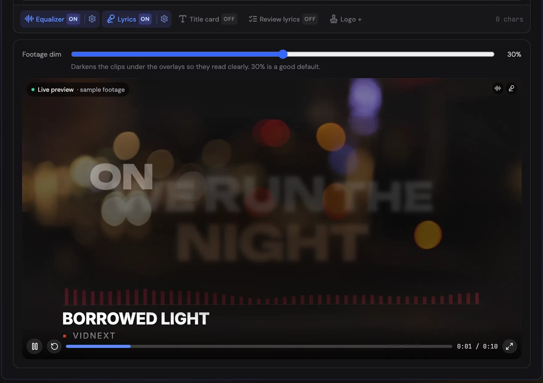 With an overlay switched on, the live preview under the box shows it over sample footage, with the footage dim above it