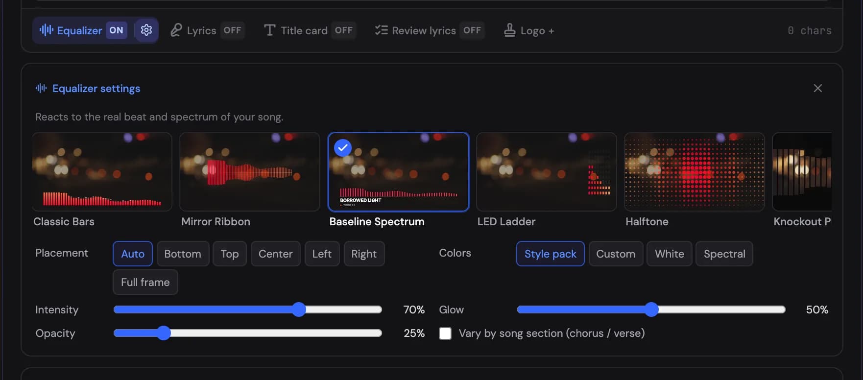 An overlay's settings panel, opened from the gear inside its pill: style strip and options