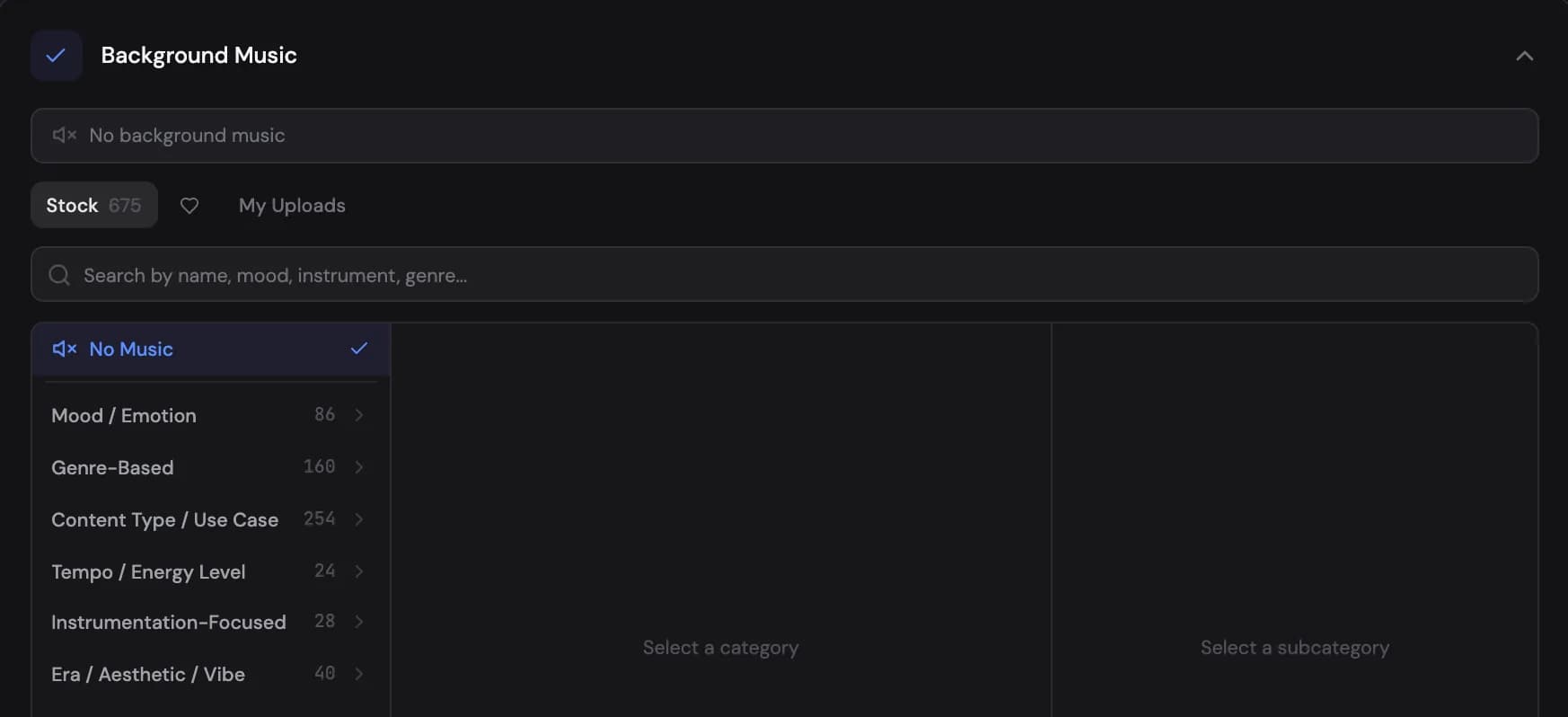 The Background music step: Stock, Favorites and My Uploads tabs over the searchable track list