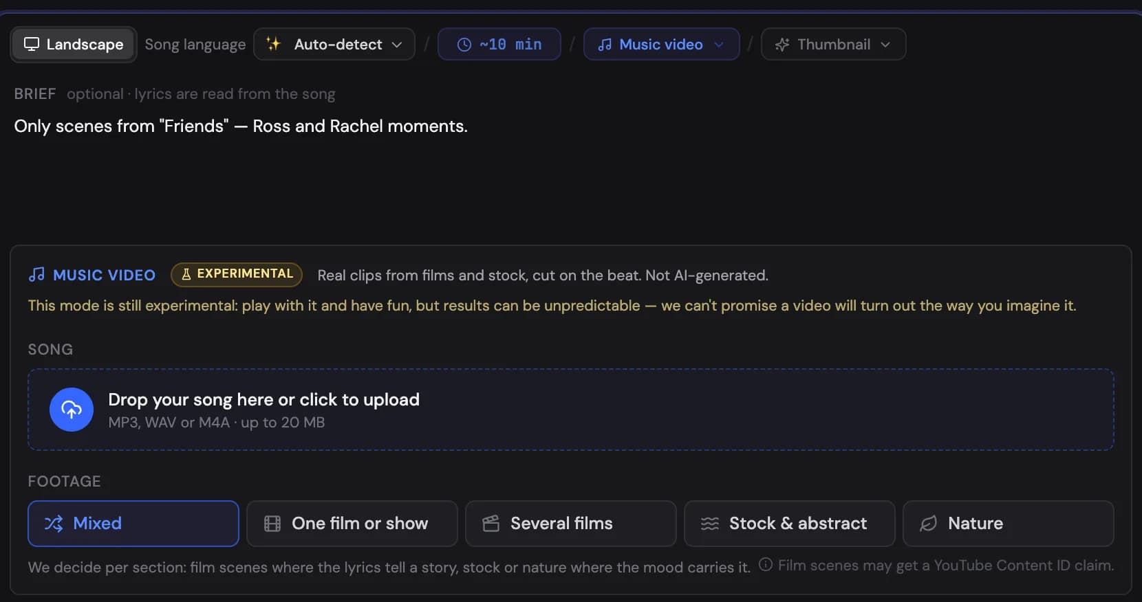 Music video mode: the brief, the song upload zone and the footage source