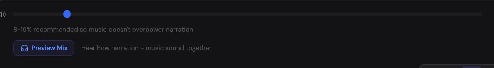 The music volume slider with the 8–15% recommendation and the Preview Mix button