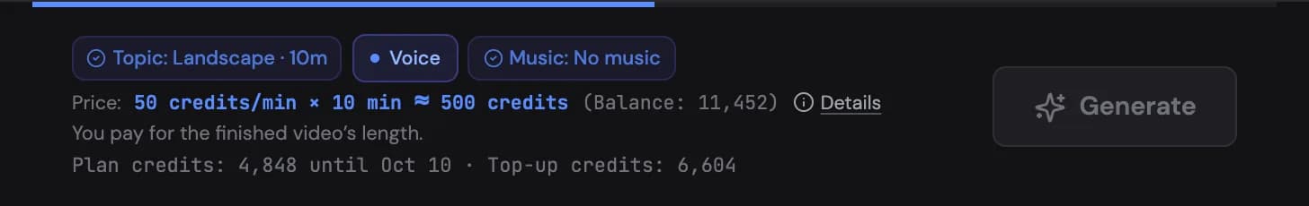 The sticky bar for a video billed per minute: the step chips, the price per minute × the length, Details, your plan credits and Generate