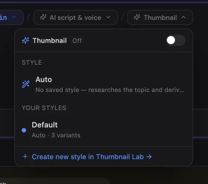 The Thumbnail popover on the create page: on/off, styles, variants and the instruction field