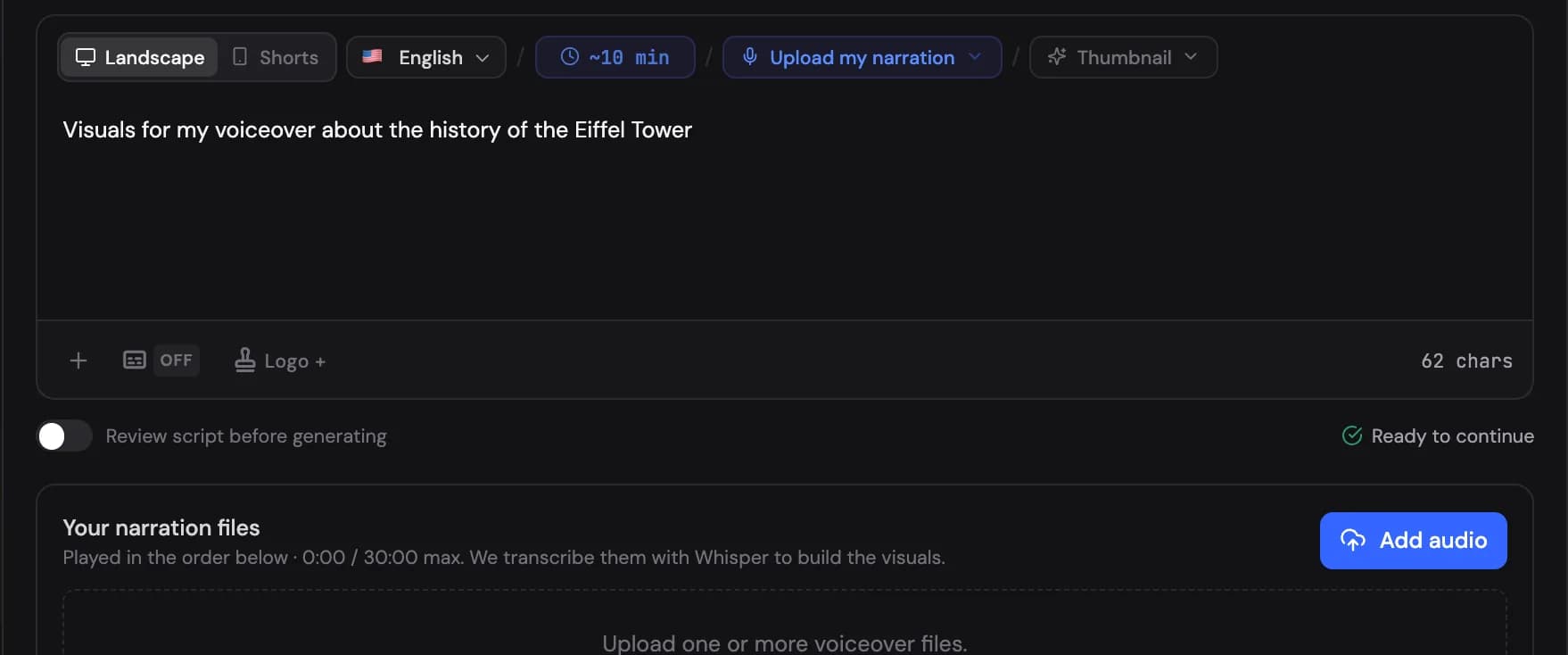 Upload my narration mode with the audio file upload zone