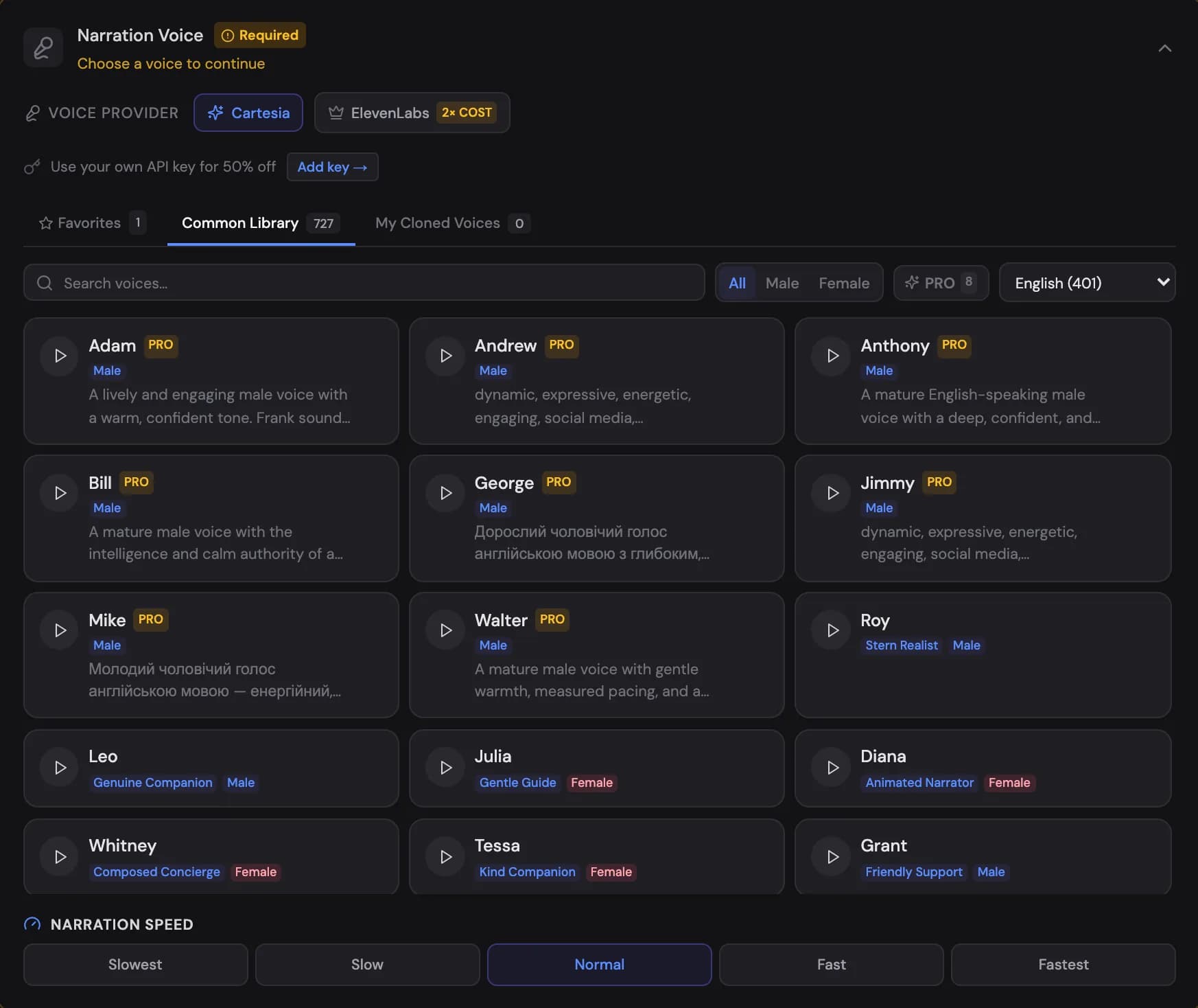 The voice picker: provider tabs, a searchable voice library with previews, favorites and cloned voices
