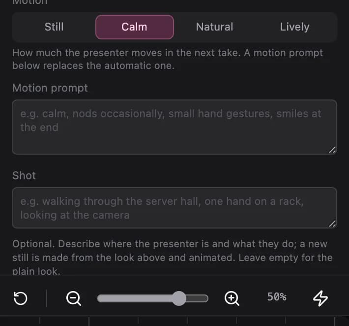 Motion buttons, the motion prompt and Regenerate with its credit cost at the bottom of the avatar properties