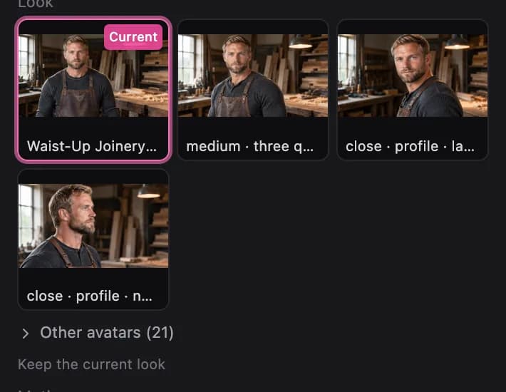 Next take: the presenter's versions as stills, the one playing now marked Current; other avatars sit behind a fold