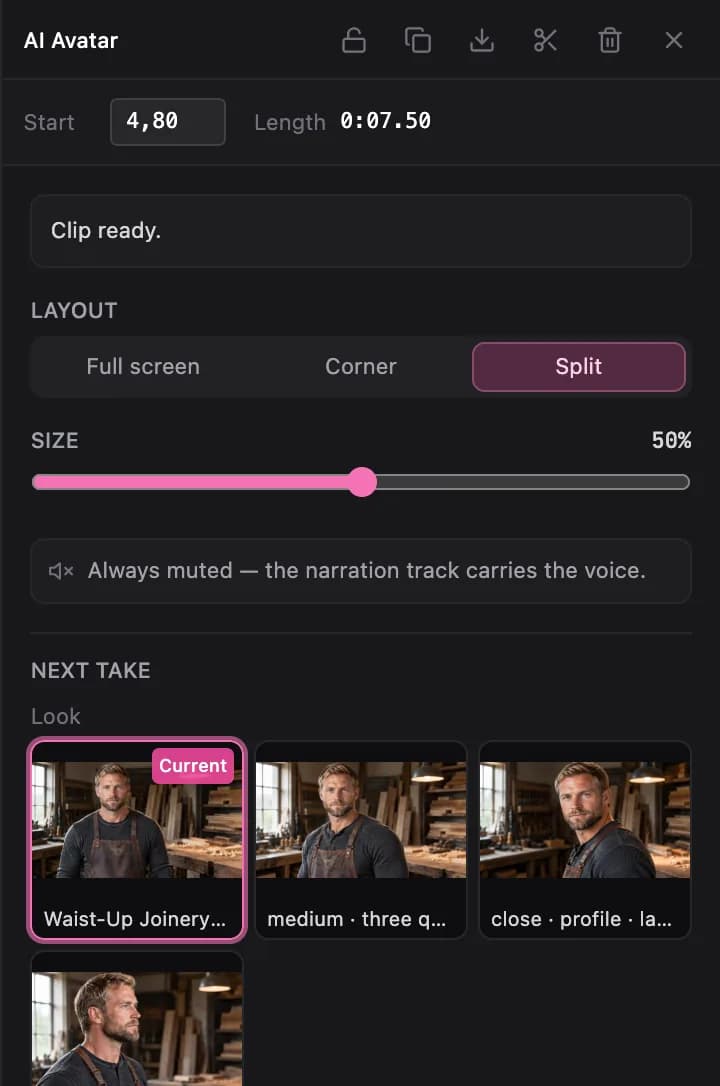 Avatar properties: layout, corner, shape and size, the always-muted note, then the Next take section