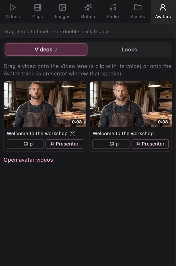The Avatars tab of the library, Videos: your avatar videos — drag one onto the Video lane (a clip with its voice) or onto the Avatar track (a presenter that speaks), or add it at the playhead