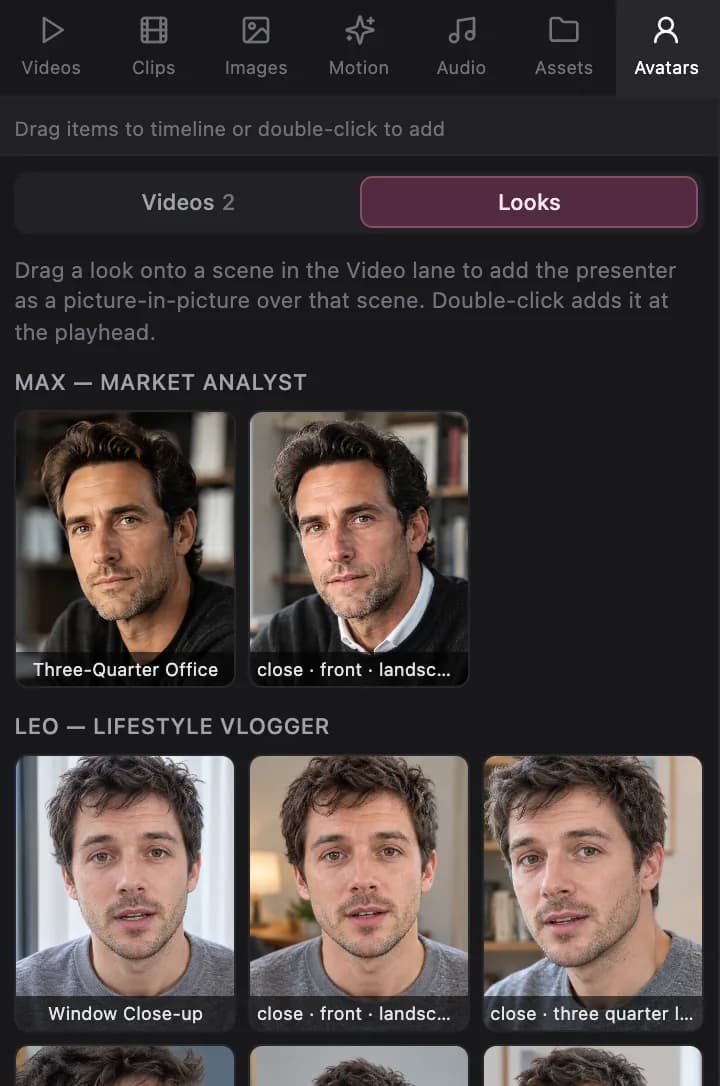 The Avatars tab of the library, Looks: drag a look onto a scene to add a presenter