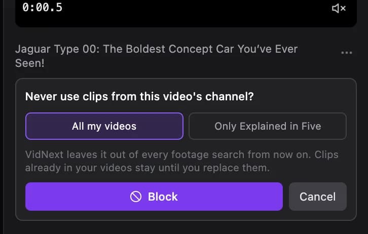 A clip's source line with its ⋯ menu open: never use clips from this channel, or this video