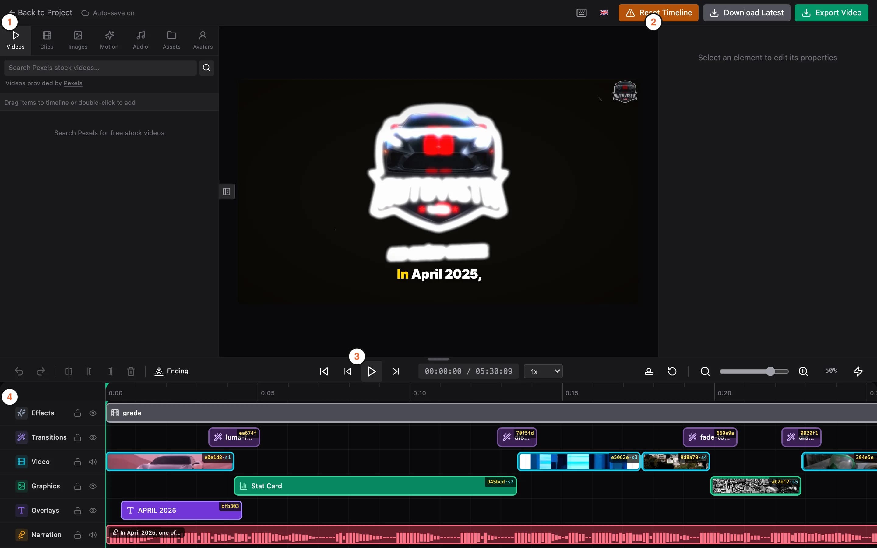 The full editor: media browser, live preview, properties panel and the multi-track timeline