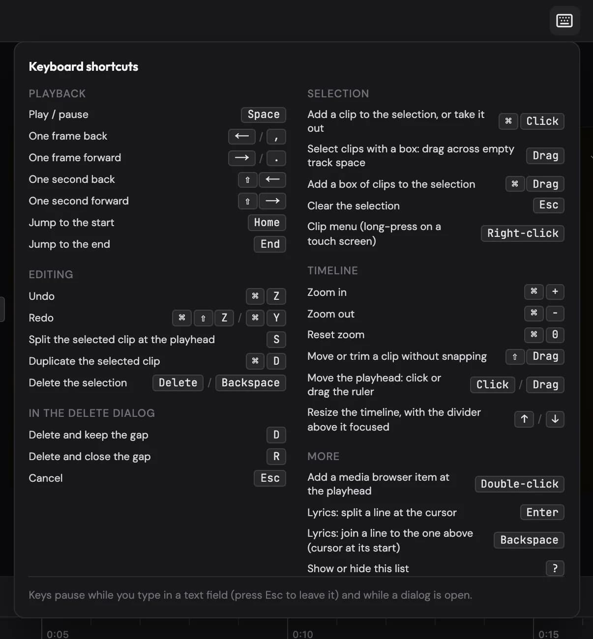 The keyboard shortcuts list, opened from the keyboard icon at the top right of the editor