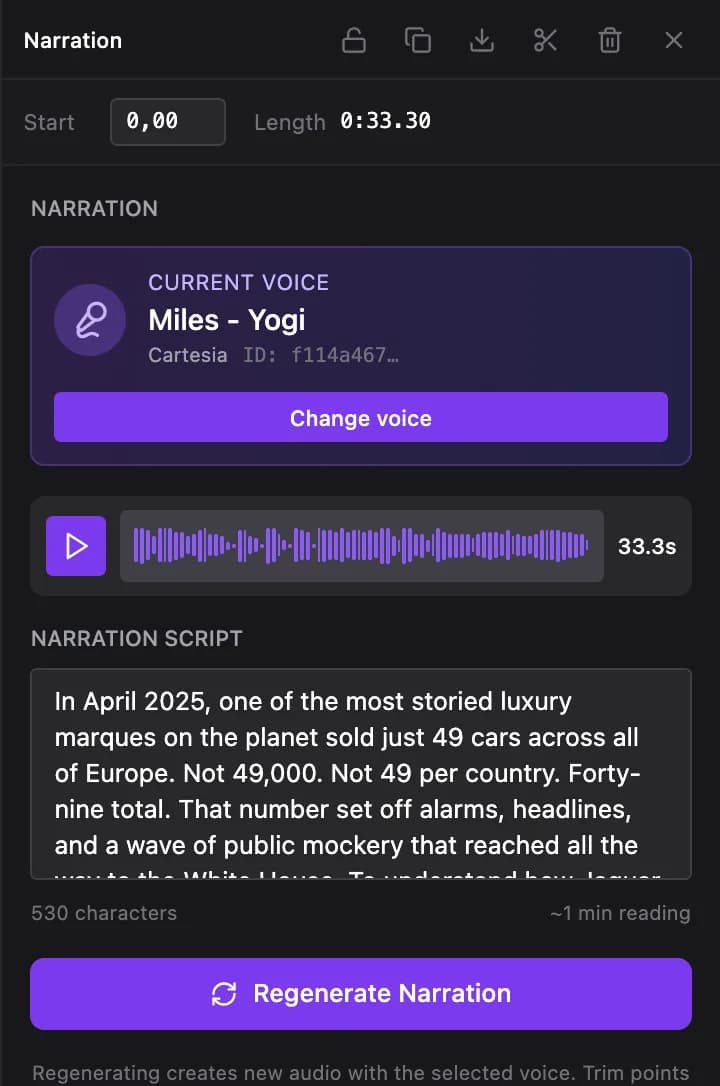 A narration segment's panel: the editable script, the voice, and Regenerate Narration