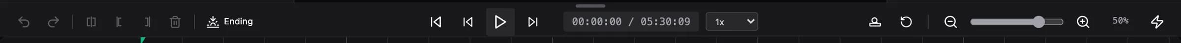 The toolbar strip above the timeline: undo/redo, split, delete, transport, speed, zoom and lite mode