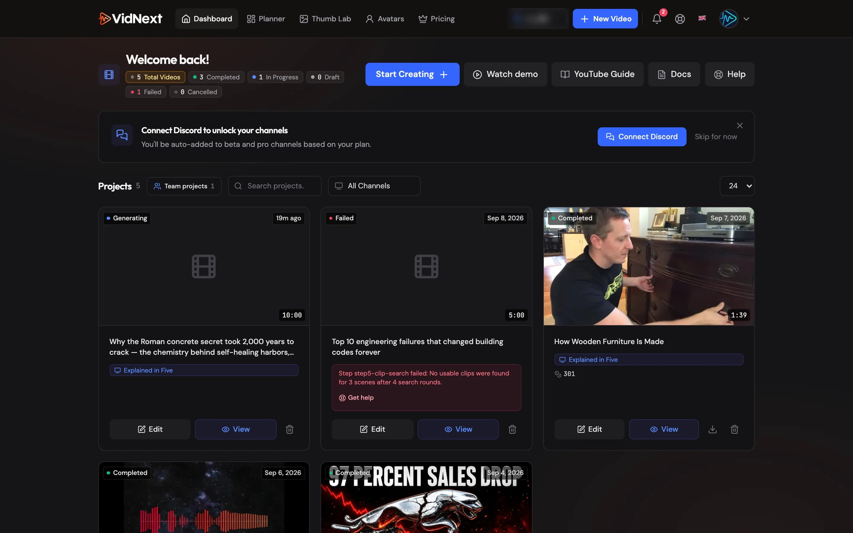 The dashboard: video counters, quick actions and your project cards