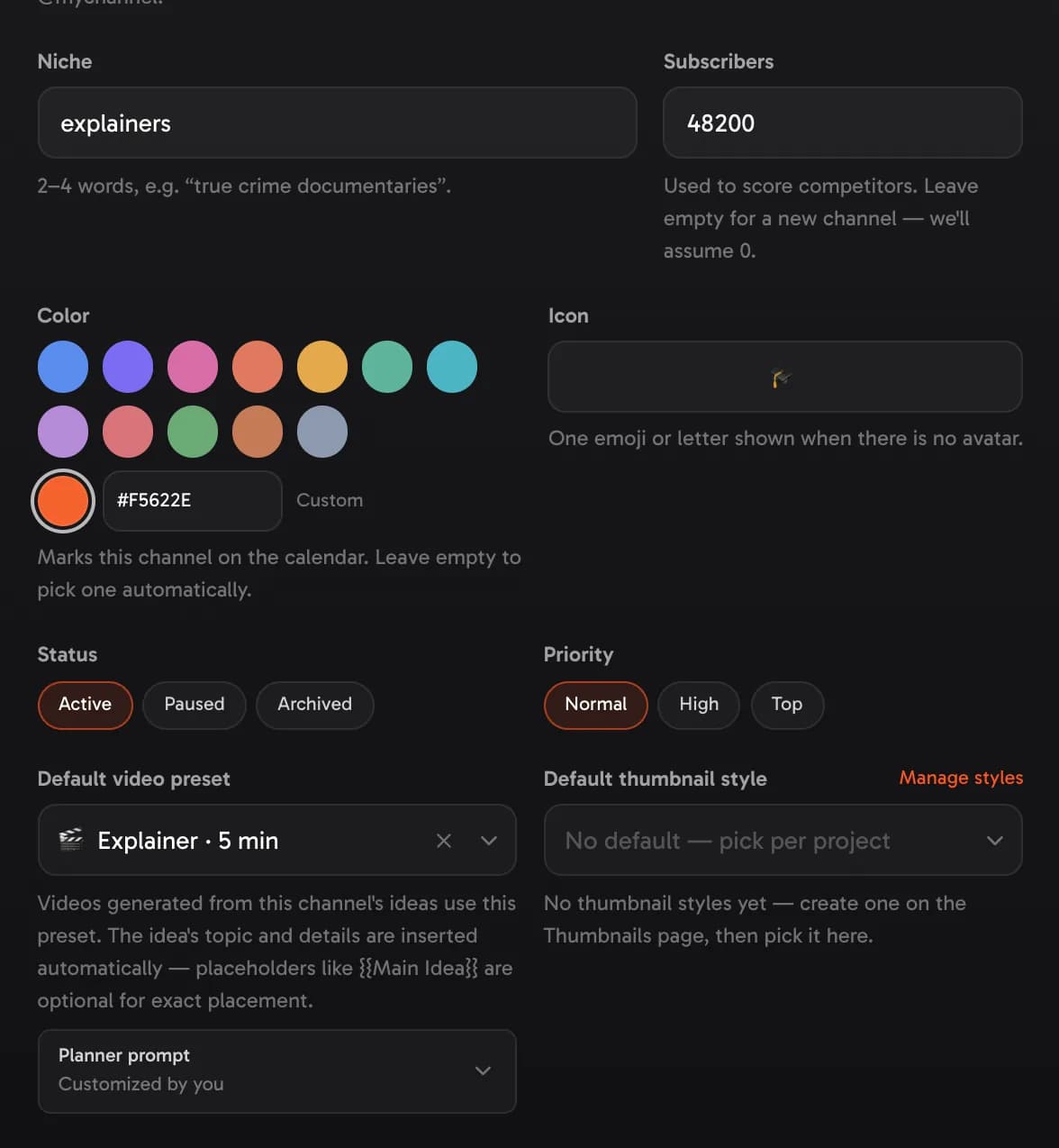 The channel editor, Basics: subscribers, colour, default video preset and the planner prompt