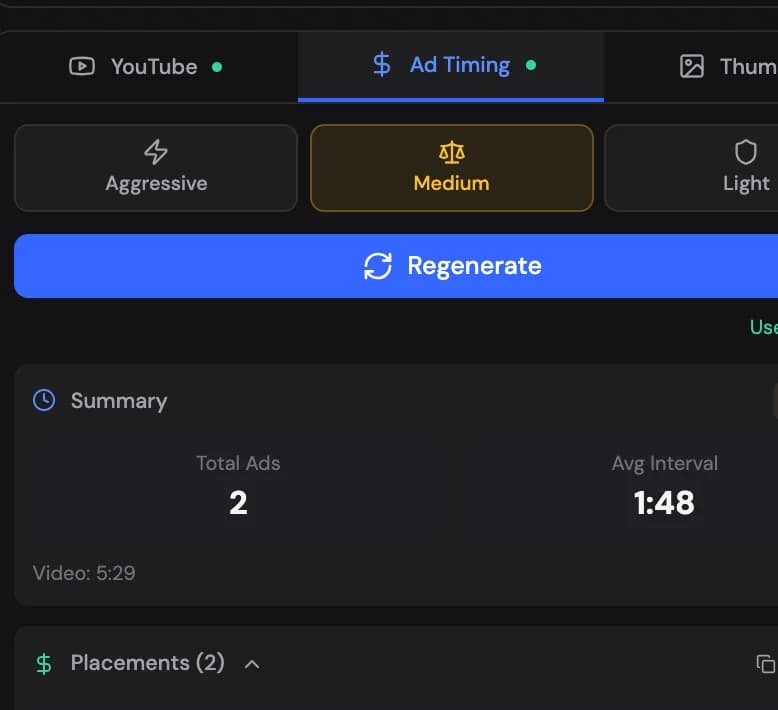 The Ads tab: density strategy, Quick Copy timestamps and the placements with what is on screen at each cut