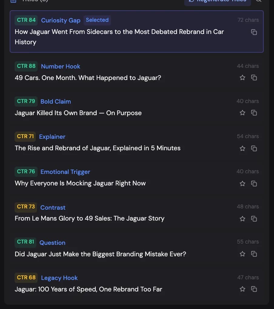 Title options ranked by predicted click-through rate, each labelled with its hook type