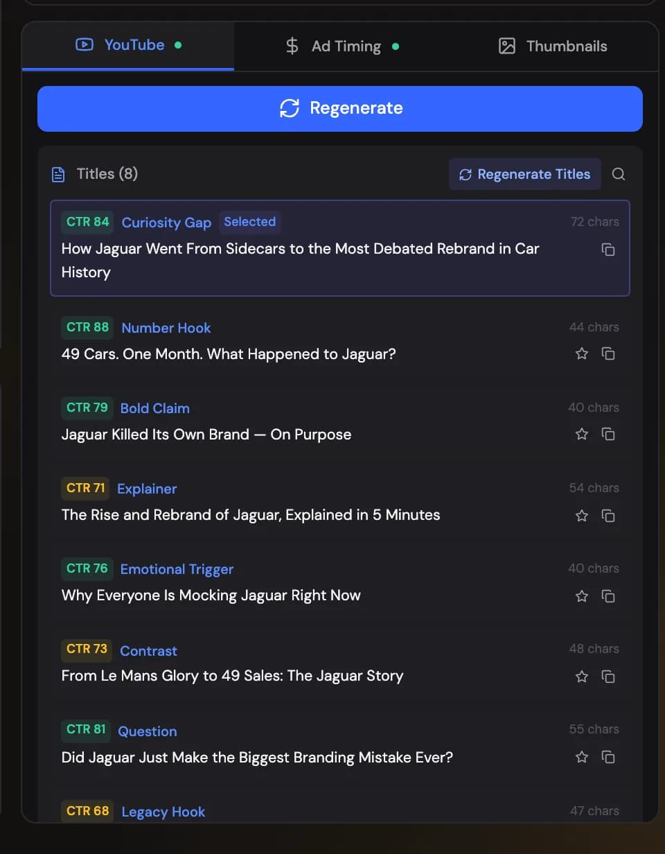 The YouTube tab: scored title options, description, tags, category and SEO analysis