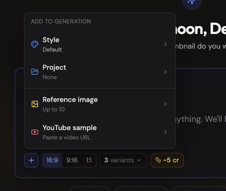 The + menu: style, project, reference images, YouTube sample