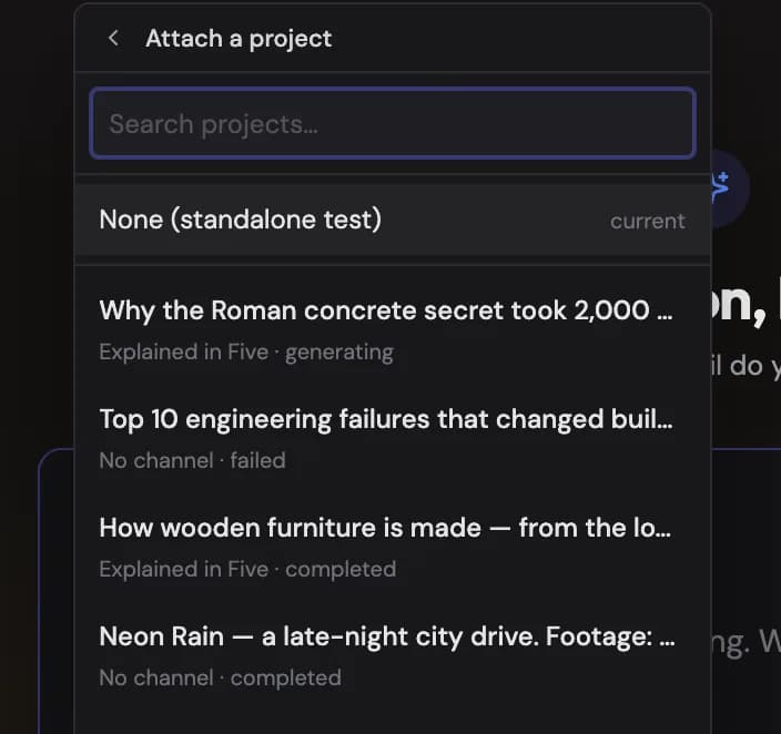 Attaching a project: search your videos and pull the topic and context from one