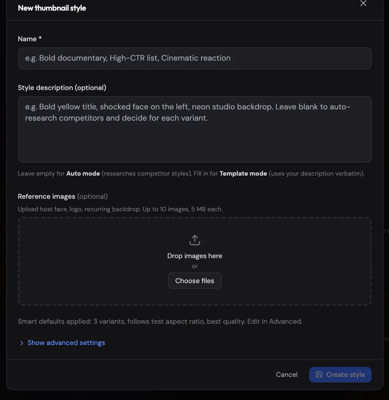 A new thumbnail style: leave the description blank for Auto mode or write it out for Template mode