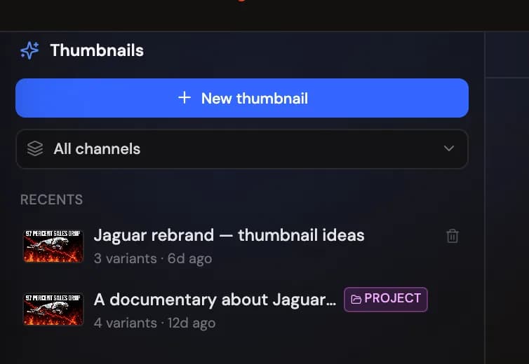 Recents: past sessions and projects, filtered by channel
