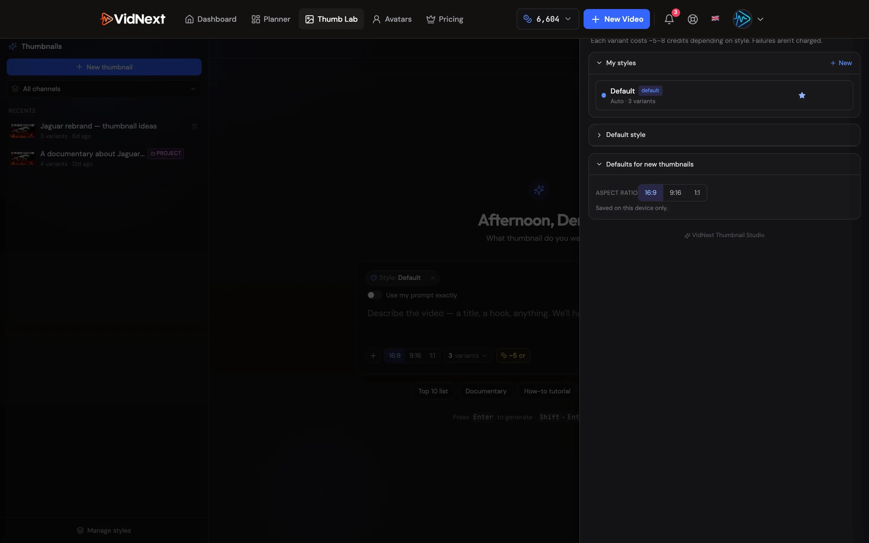 Thumb Lab settings: your saved styles and the defaults for new thumbnails